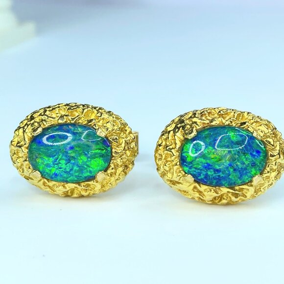 14K Yellow gold 15x10 Black Doublet Opal Nugget motif oval cufflink 23.3g JR8359